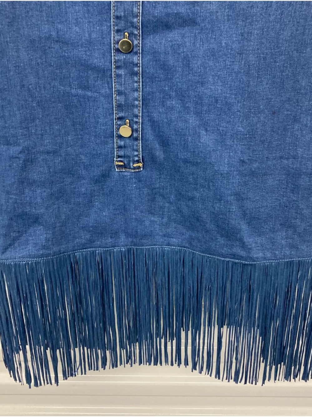 Dark Blue Denim Sleeveless Mini Dress with Fringe and Stud Waist - Picture 4 of 12